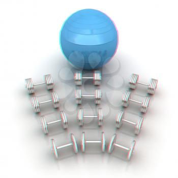 Fitness ball and dumbell. 3D illustration. Anaglyph. View with red/cyan glasses to see in 3D.