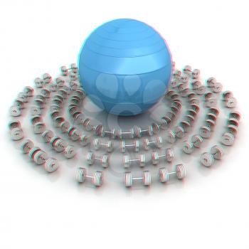 Fitness ball and dumbell. 3D illustration. Anaglyph. View with red/cyan glasses to see in 3D.