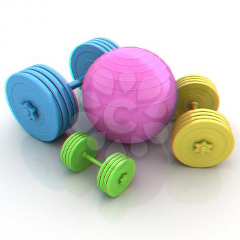 Fitness ball and dumbell. 3D illustration. Anaglyph. View with red/cyan glasses to see in 3D.