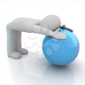 3d man exercising position on fitness ball. My biggest pilates series. 3D illustration. Anaglyph. View with red/cyan glasses to see in 3D.