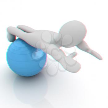 3d man exercising position on fitness ball. My biggest pilates series. 3D illustration. Anaglyph. View with red/cyan glasses to see in 3D.