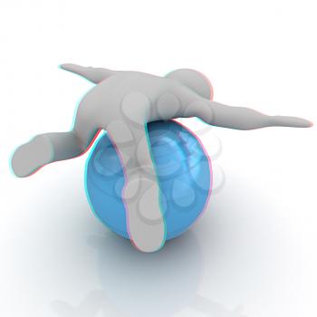 3d man exercising position on fitness ball. My biggest pilates series. 3D illustration. Anaglyph. View with red/cyan glasses to see in 3D.