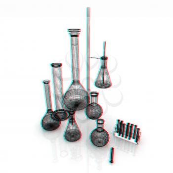 Chemistry set, with test tubes, and beakers filled with colored liquids. 3D illustration. Anaglyph. View with red/cyan glasses to see in 3D.