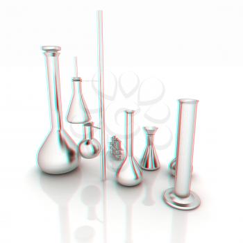 Chemistry set, with test tubes, and beakers filled with colored liquids. 3D illustration. Anaglyph. View with red/cyan glasses to see in 3D.