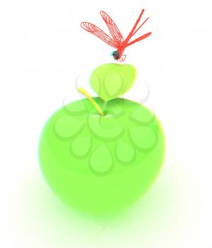 Dragonfly on apple. 3D illustration. Anaglyph. View with red/cyan glasses to see in 3D.