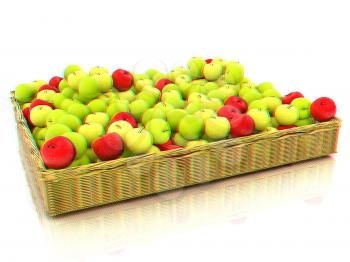 Wicker basket full of apples isolated on white. 3D illustration. Anaglyph. View with red/cyan glasses to see in 3D.