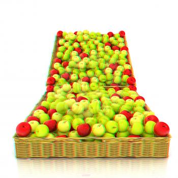 Wicker basket full of apples isolated on white. 3D illustration. Anaglyph. View with red/cyan glasses to see in 3D.