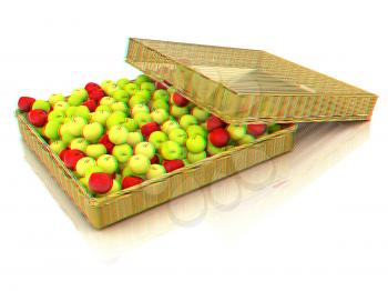 Wicker basket full of apples isolated on white. 3D illustration. Anaglyph. View with red/cyan glasses to see in 3D.