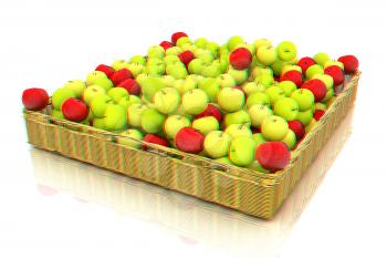 Wicker basket full of apples isolated on white. 3D illustration. Anaglyph. View with red/cyan glasses to see in 3D.