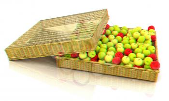 Wicker basket full of apples isolated on white. 3D illustration. Anaglyph. View with red/cyan glasses to see in 3D.