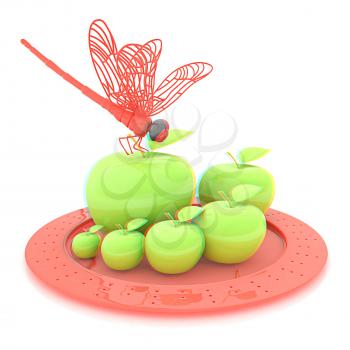 Dragonfly on apple on Serving dome or Cloche. Natural eating concept. 3D illustration. Anaglyph. View with red/cyan glasses to see in 3D.