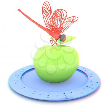 Dragonfly on apple on Serving dome or Cloche. Natural eating concept. 3D illustration. Anaglyph. View with red/cyan glasses to see in 3D.