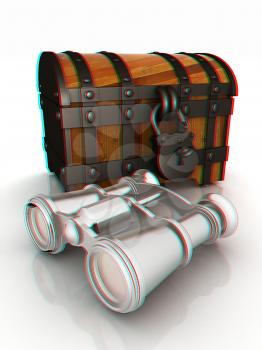 binoculars and chest. 3D illustration. Anaglyph. View with red/cyan glasses to see in 3D.