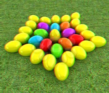 Colored Easter eggs as a flower on a green grass. 3D illustration. Anaglyph. View with red/cyan glasses to see in 3D.