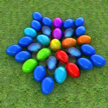 Colored Easter eggs as a flower on a green grass. 3D illustration. Anaglyph. View with red/cyan glasses to see in 3D.