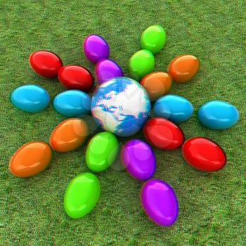 Colored Easter eggs as a flower on a green grass. 3D illustration. Anaglyph. View with red/cyan glasses to see in 3D.