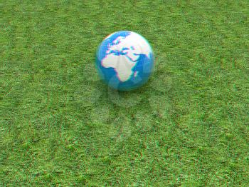 earth on a green grass. 3D illustration. Anaglyph. View with red/cyan glasses to see in 3D.