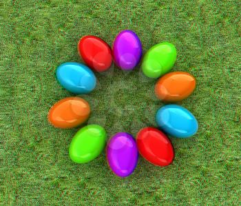 Colored Easter eggs as a flower on a green grass. 3D illustration. Anaglyph. View with red/cyan glasses to see in 3D.