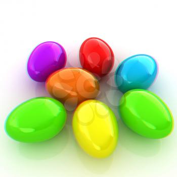 Colored Eggs on a white background. 3D illustration. Anaglyph. View with red/cyan glasses to see in 3D.