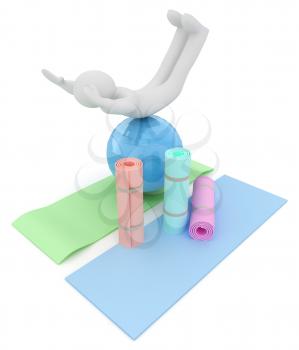 3d man on a karemat with fitness ball. 3D illustration