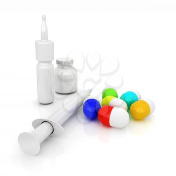 Syringe, tablet, pill jar. 3D illustration