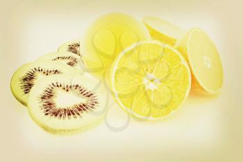 slices of kiwi, orange and half orange on a white . 3D illustration. Vintage style.