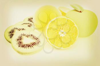 slices of kiwi, apple, orange and half orange on a white . 3D illustration. Vintage style.