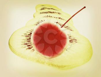 slices of kiwi and cherry on a white . 3D illustration. Vintage style.