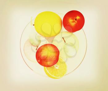 Citrus and apple on a plate on a white background. 3D illustration. Vintage style.