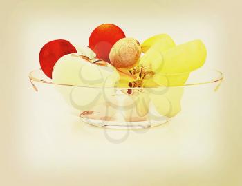 Citrus and apple on a plate on a white background. 3D illustration. Vintage style.