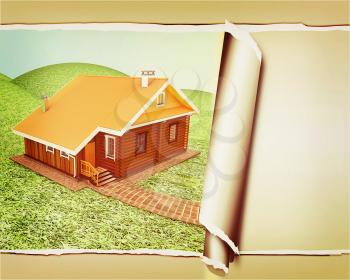 background of wooden travel house or a hotel, with torn paper . 3D illustration. Vintage style.