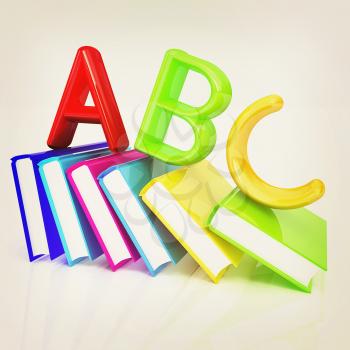 alphabet on a colorful real books on white background. 3D illustration. Vintage style.