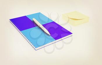 notepad with pen on a white. 3D illustration. Vintage style.