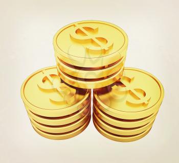 Gold dollar coins on a white background. 3D illustration. Vintage style.