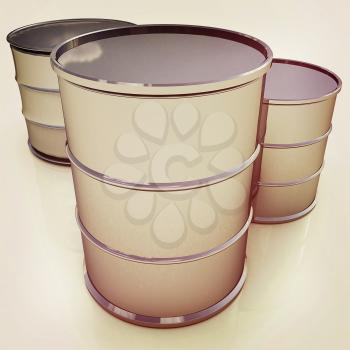 Metal barrels on white background. 3D illustration. Vintage style.