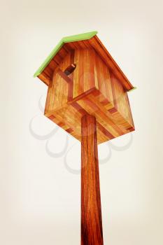 Nest box birdhouse on a white background. 3D illustration. Vintage style.