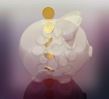 Glass piggy bank on reflection blue gradient background. 3D illustration. Vintage style.