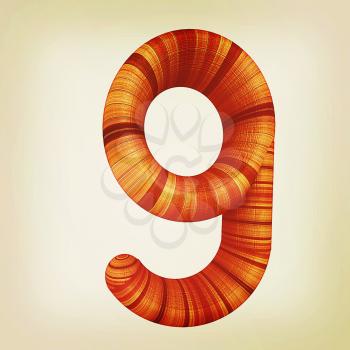 Wooden number 9- nine on a white background. . 3D illustration. Vintage style.