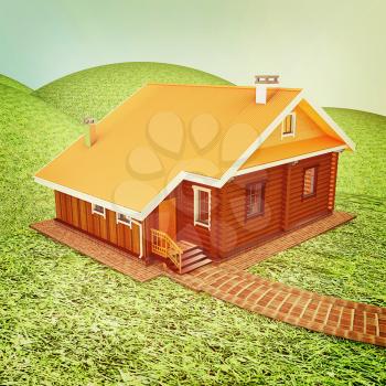 Wooden house against the background of fairytale landscape. 3D illustration. Vintage style.