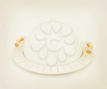 Restaurant cloche with lid on a white background. 3D illustration. Vintage style.