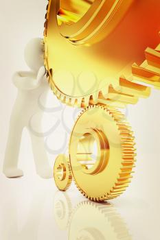 Gold gear set with 3d man on a white background. 3D illustration. Vintage style.