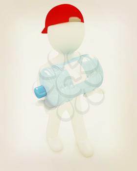 3d man carrying a water bottle with clean blue water on a white background. 3D illustration. Vintage style.