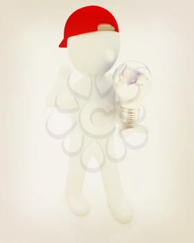 3d man with light bulb on white . 3D illustration. Vintage style.