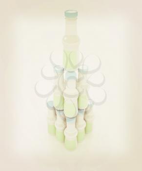 Plastic milk products bottles set on a white background. 3D illustration. Vintage style.