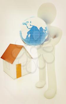 3d man, houses and earth on a white background. 3D illustration. Vintage style.