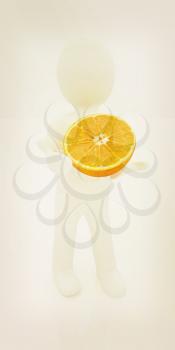 3d man with half orange on a white background. 3D illustration. Vintage style.