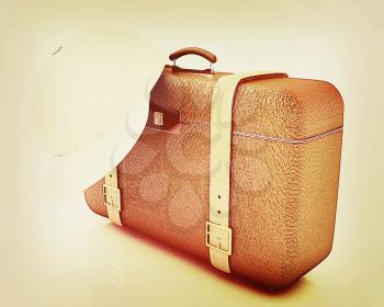 Brown traveler's suitcase and peaked cap on a white background. 3D illustration. Vintage style.