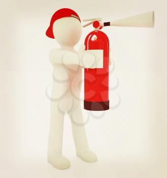 3d man with red fire extinguisher on a white background. 3D illustration. Vintage style.