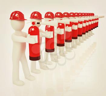 3d mans in hardhat with red fire extinguisher on a white background. 3D illustration. Vintage style.