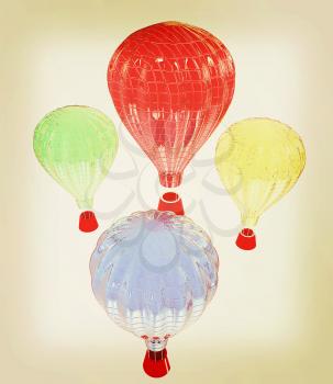 Hot Air Balloons with Gondola. Colorful Illustration isolated on white Background . 3D illustration. Vintage style.